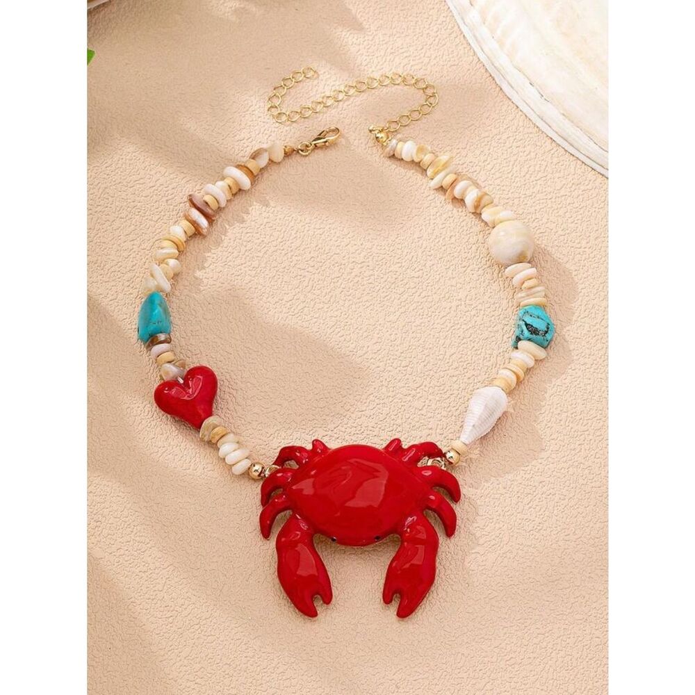 Red Crab Pendant Beaded Choker Necklace N2109 - Picture 2 of 4